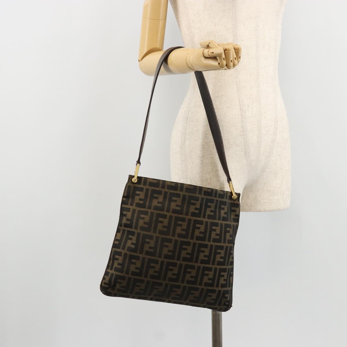 FENDI Zucca Canvas Shoulder Bag Black Brown Auth 175866