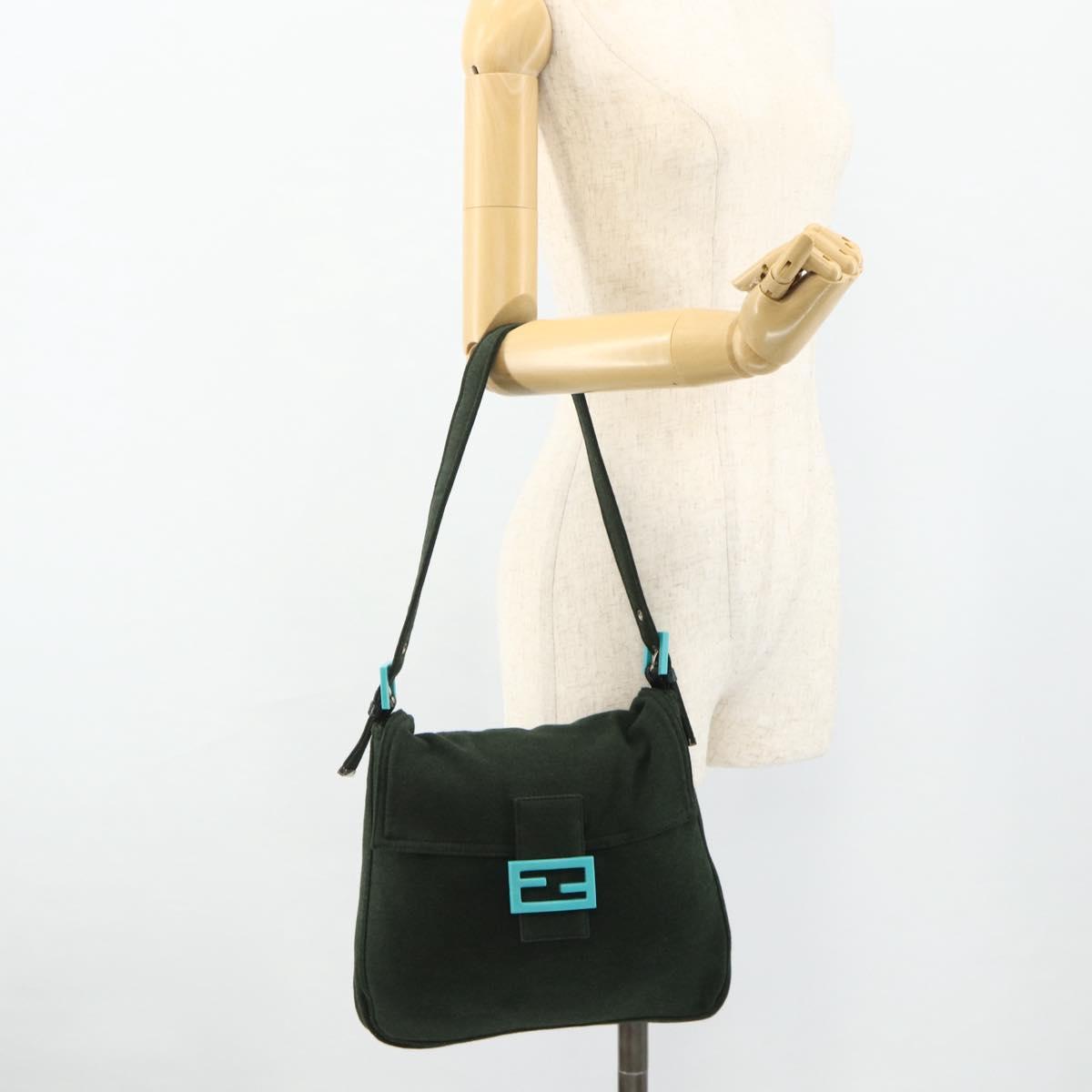 FENDI Mamma Baguette Shoulder Bag cotton Green Silver Auth 175871