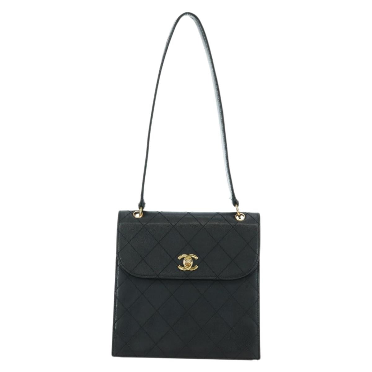 CHANEL Matelasse Shoulder Bag Caviar Skin Black Gold CC Auth 175887SAV
