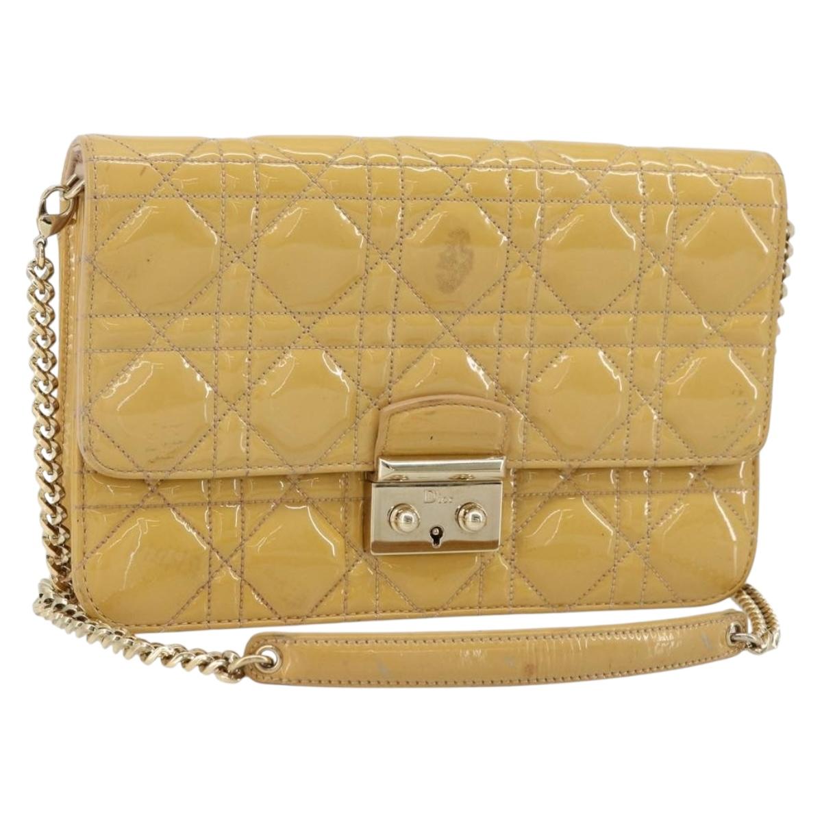 Christian Dior Canage Chain Shoulder Bag Patent Leather Beige Gold Auth 175889
