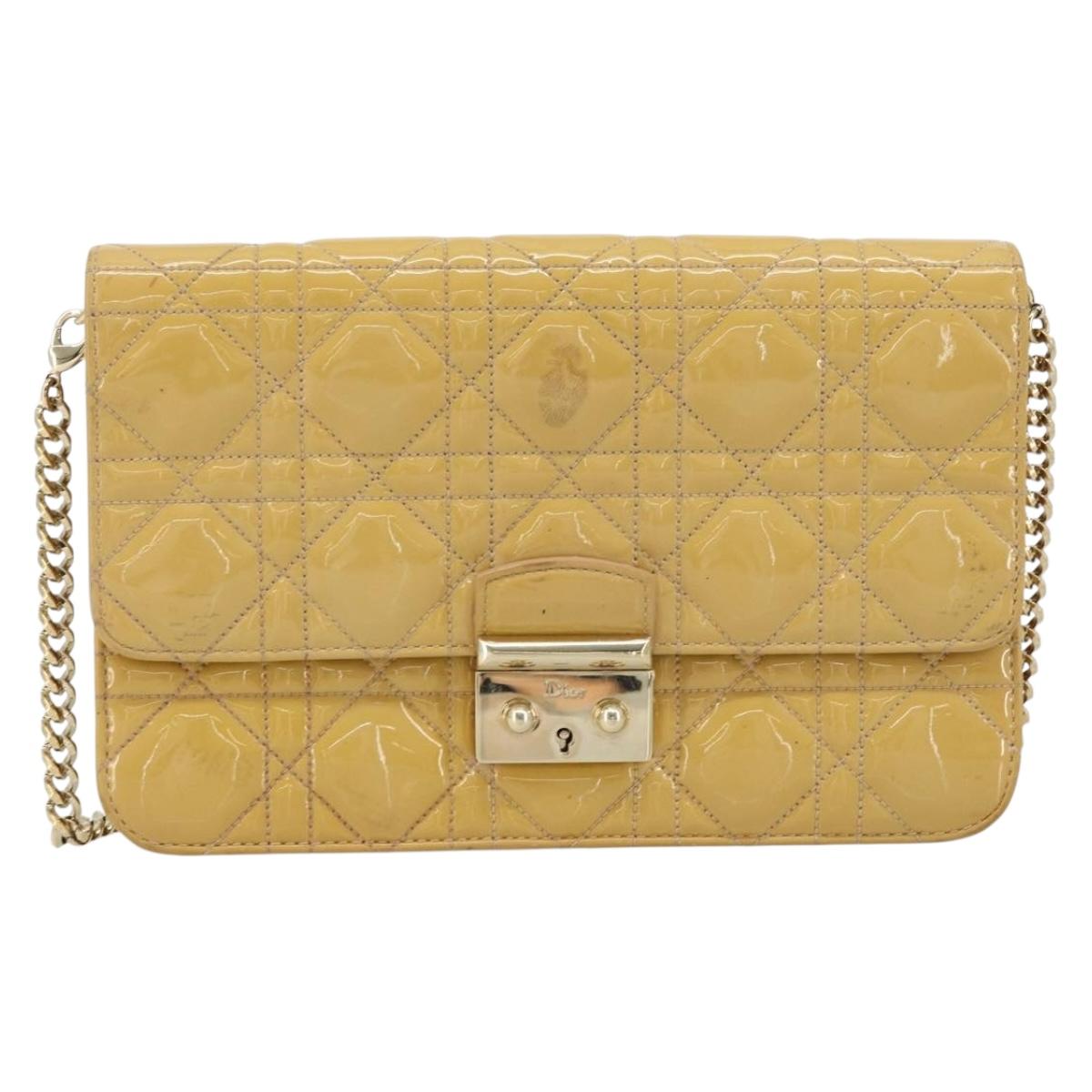 Christian Dior Canage Chain Shoulder Bag Patent Leather Beige Gold Auth 175889