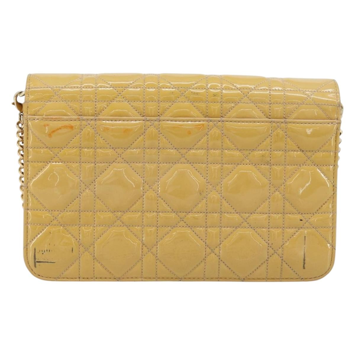 Christian Dior Canage Chain Shoulder Bag Patent Leather Beige Gold Auth 175889