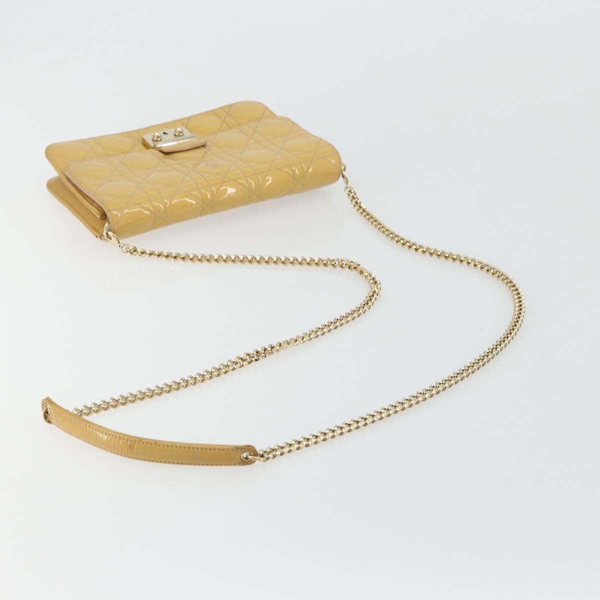 Christian Dior Canage Chain Shoulder Bag Patent Leather Beige Gold Auth 175889