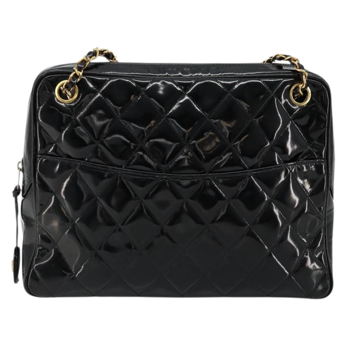 CHANEL Matelasse Chain Shoulder Bag Patent leather Black Gold CC Auth 175899