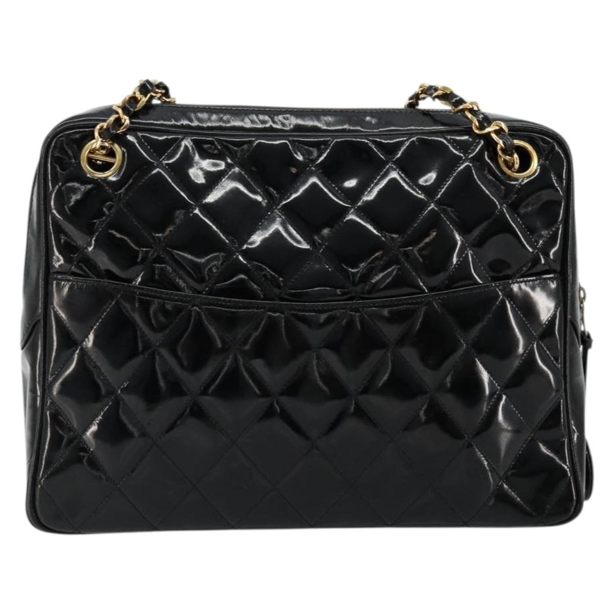 CHANEL Matelasse Chain Shoulder Bag Patent leather Black Gold CC Auth 175899