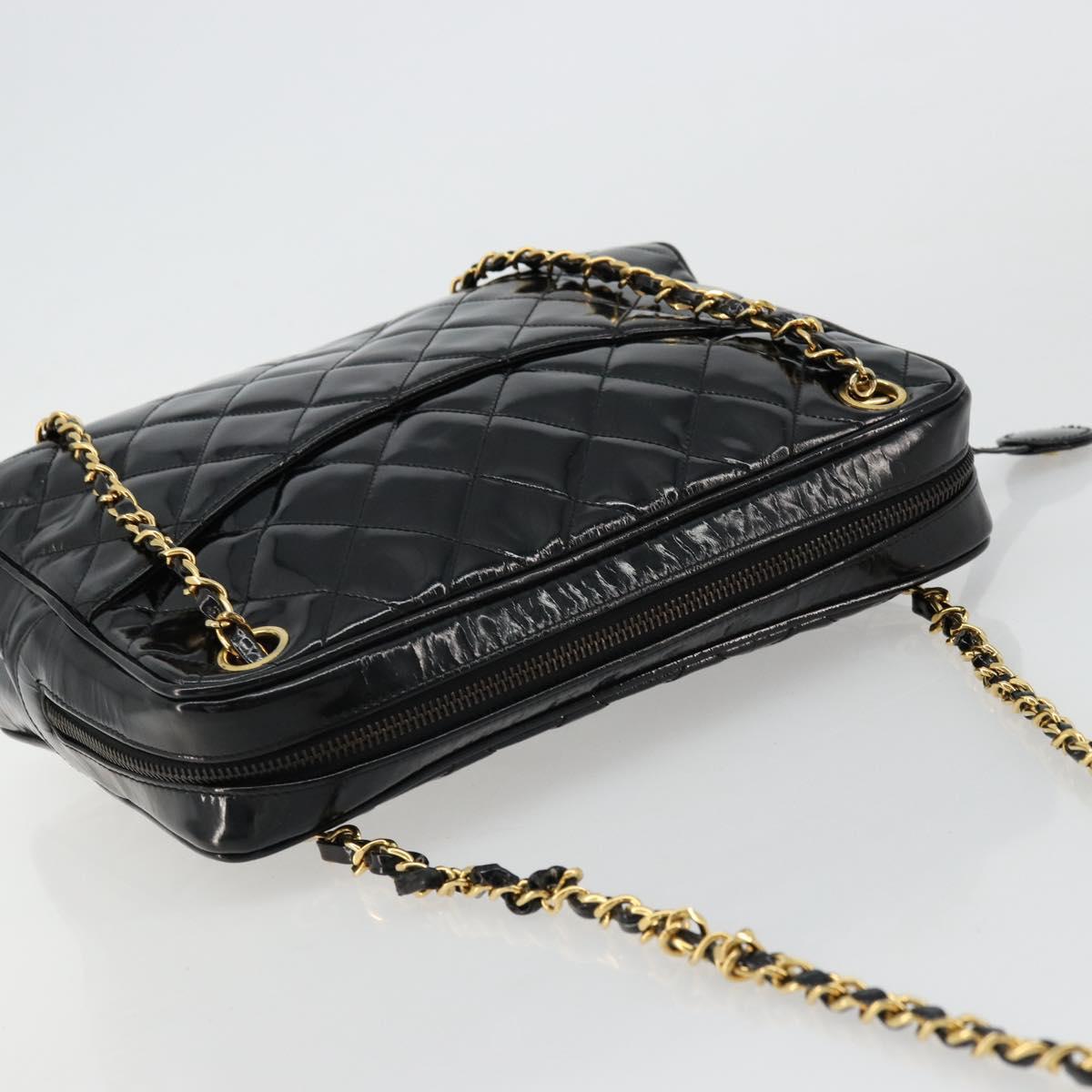 CHANEL Matelasse Chain Shoulder Bag Patent leather Black Gold CC Auth 175899