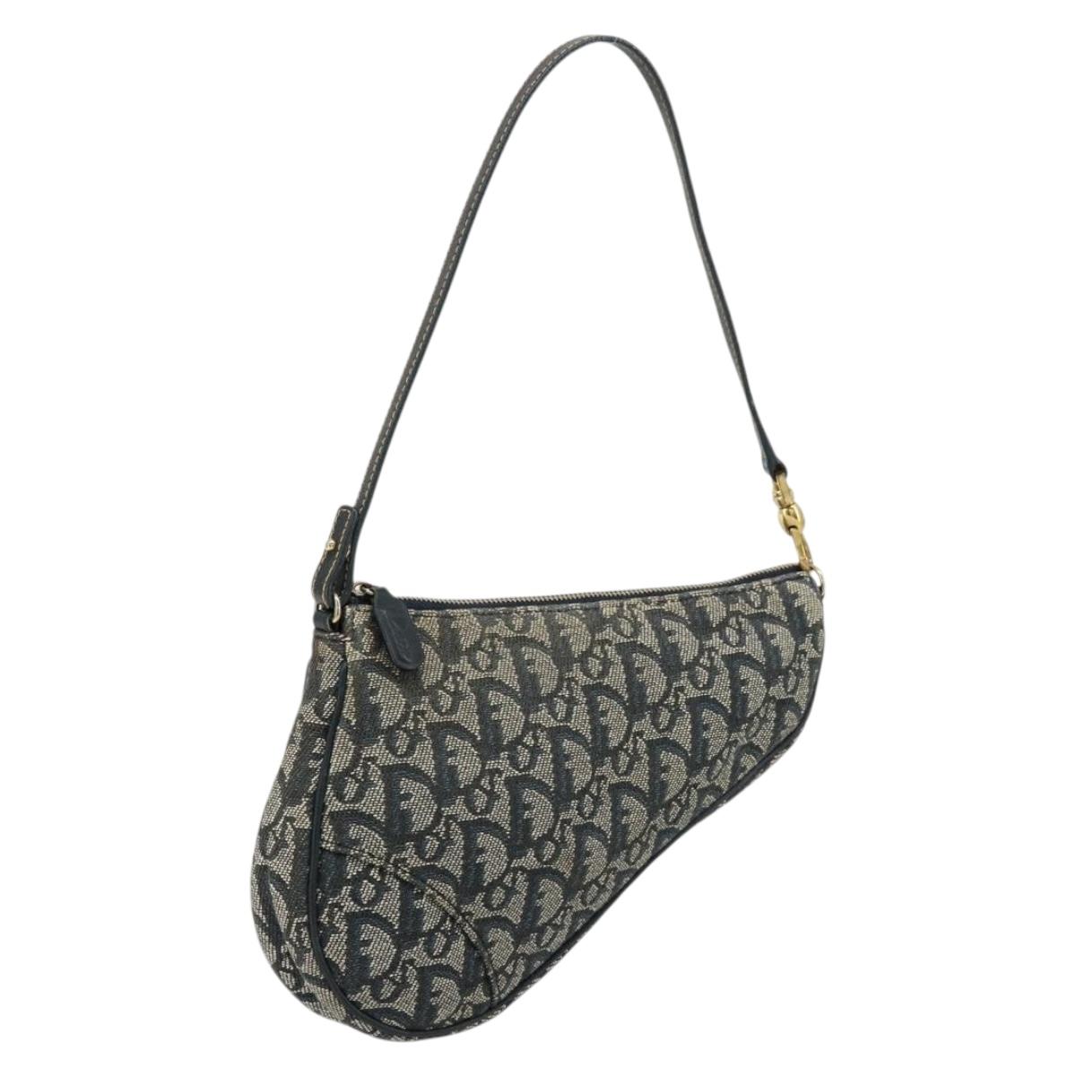 Christian Dior Trotter Canvas Saddle Pouch Navy Gold Auth 175907A