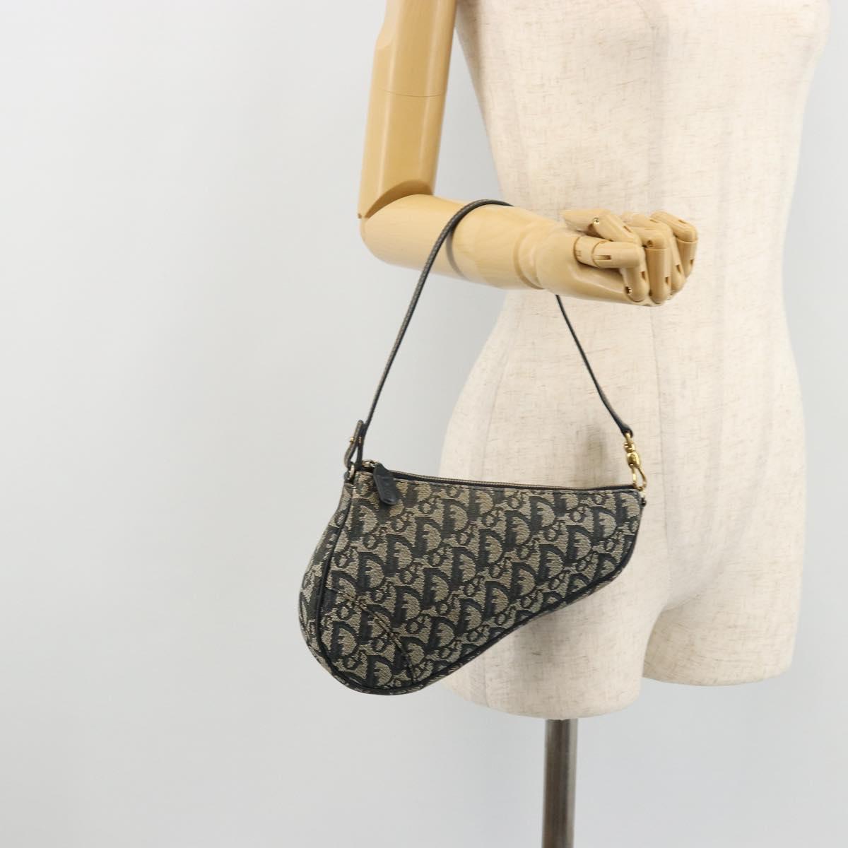 Christian Dior Trotter Canvas Saddle Pouch Navy Gold Auth 175907A