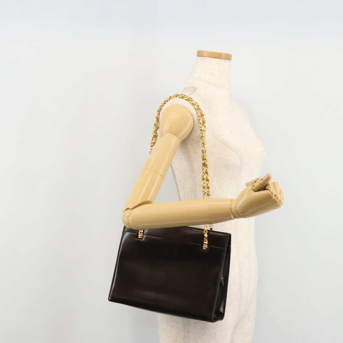 GUCCI Chain Shoulder Bag Leather Brown Gold Auth 175919