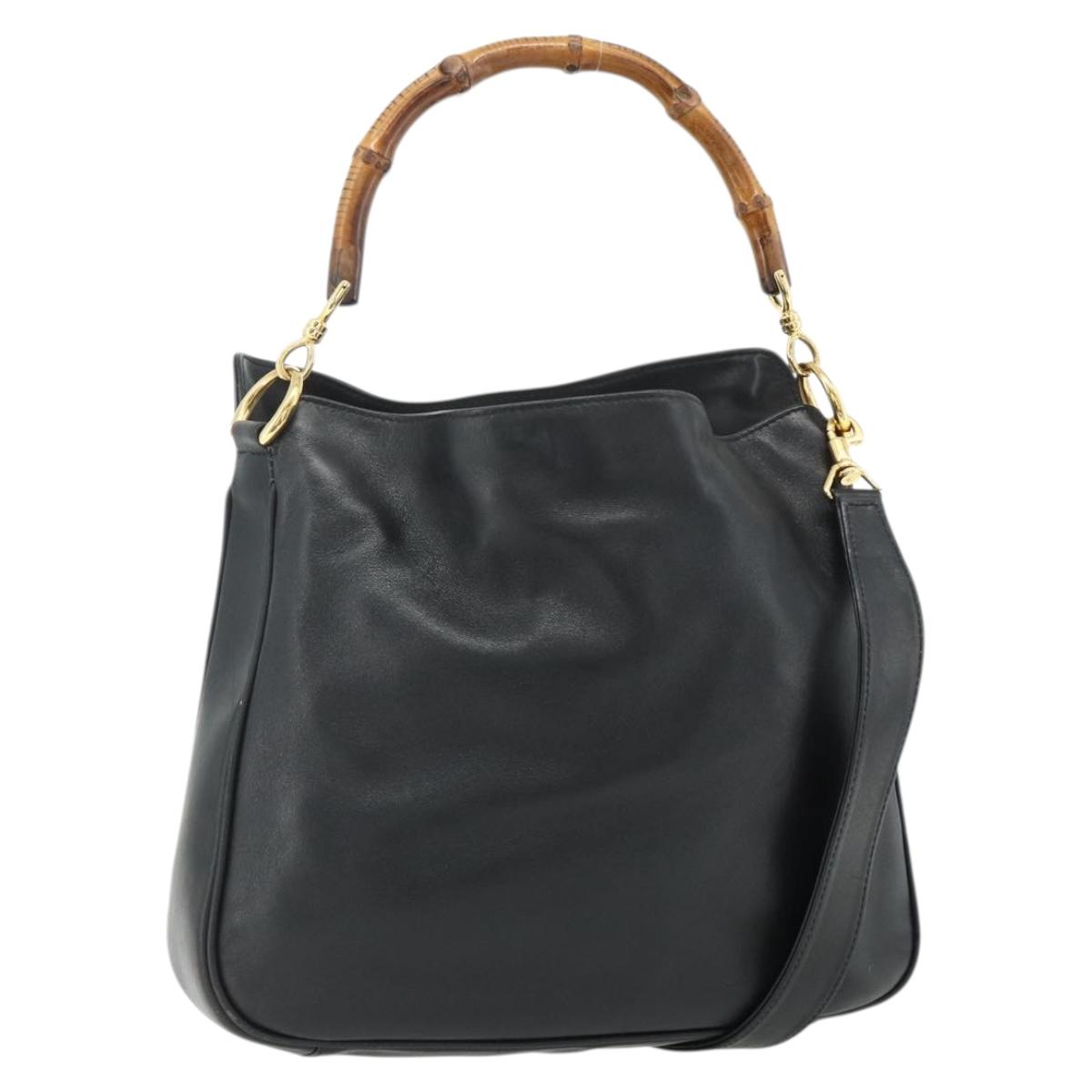 GUCCI Bamboo Shoulder Bag Leather 2way Black Gold Auth 175954