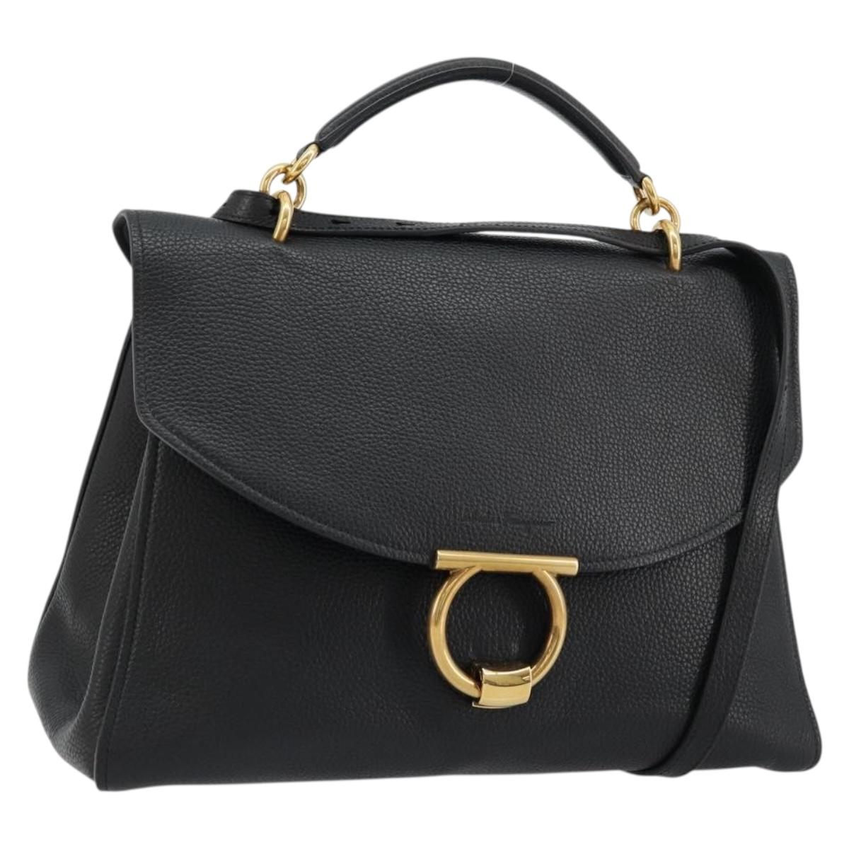 Salvatore Ferragamo Gancini Shoulder Bag Leather Black Gold Auth 175970A