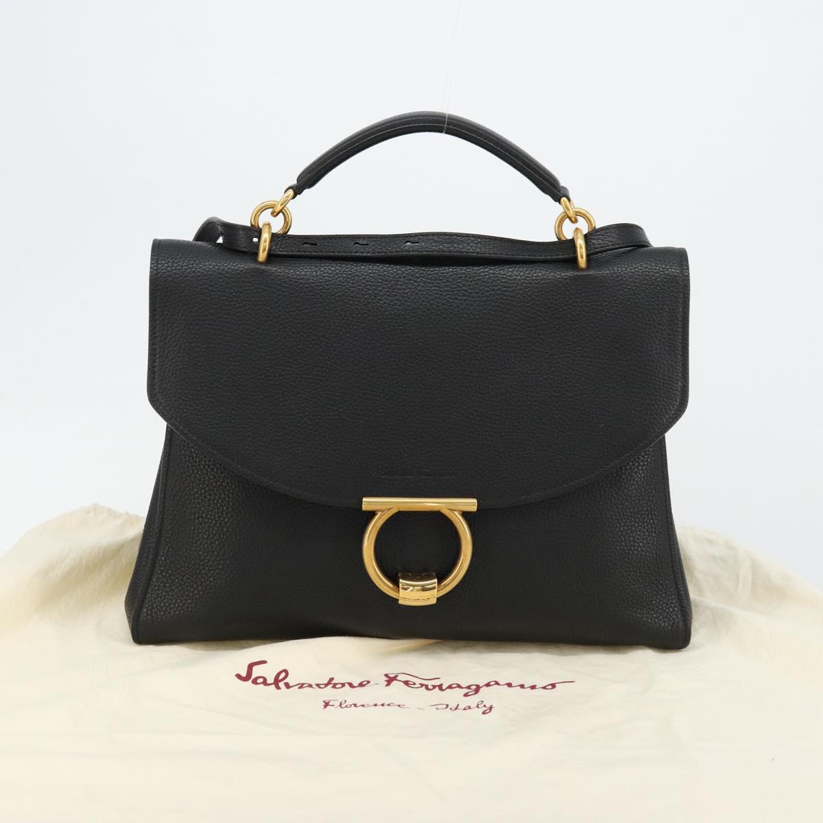 Salvatore Ferragamo Gancini Shoulder Bag Leather Black Gold Auth 175970A