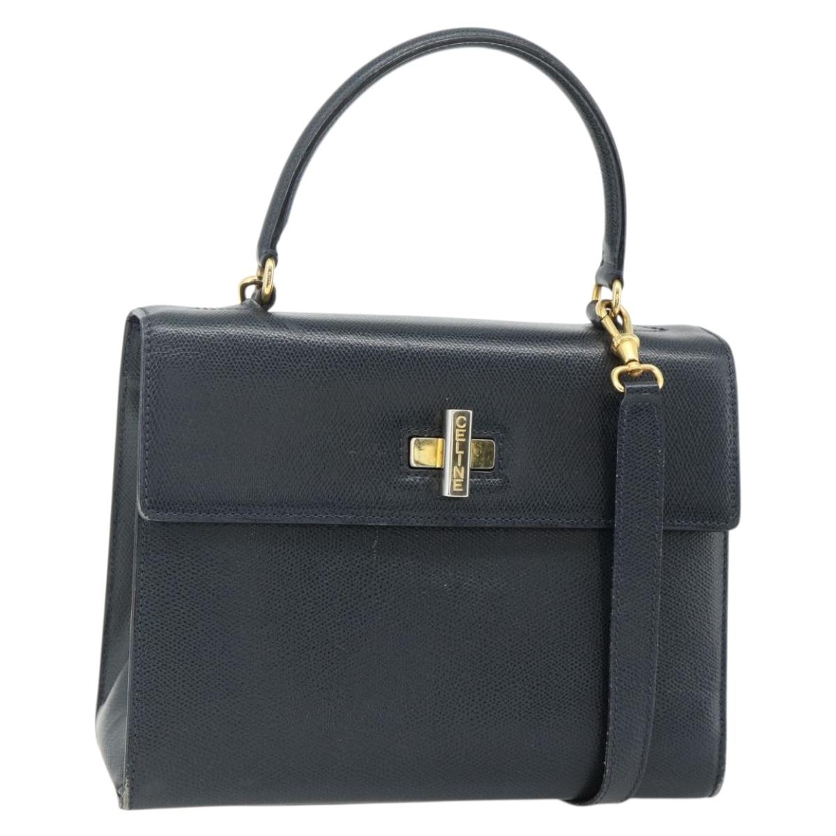 CELINE Hand Bag Leather 2way Black Gold Auth 175972A
