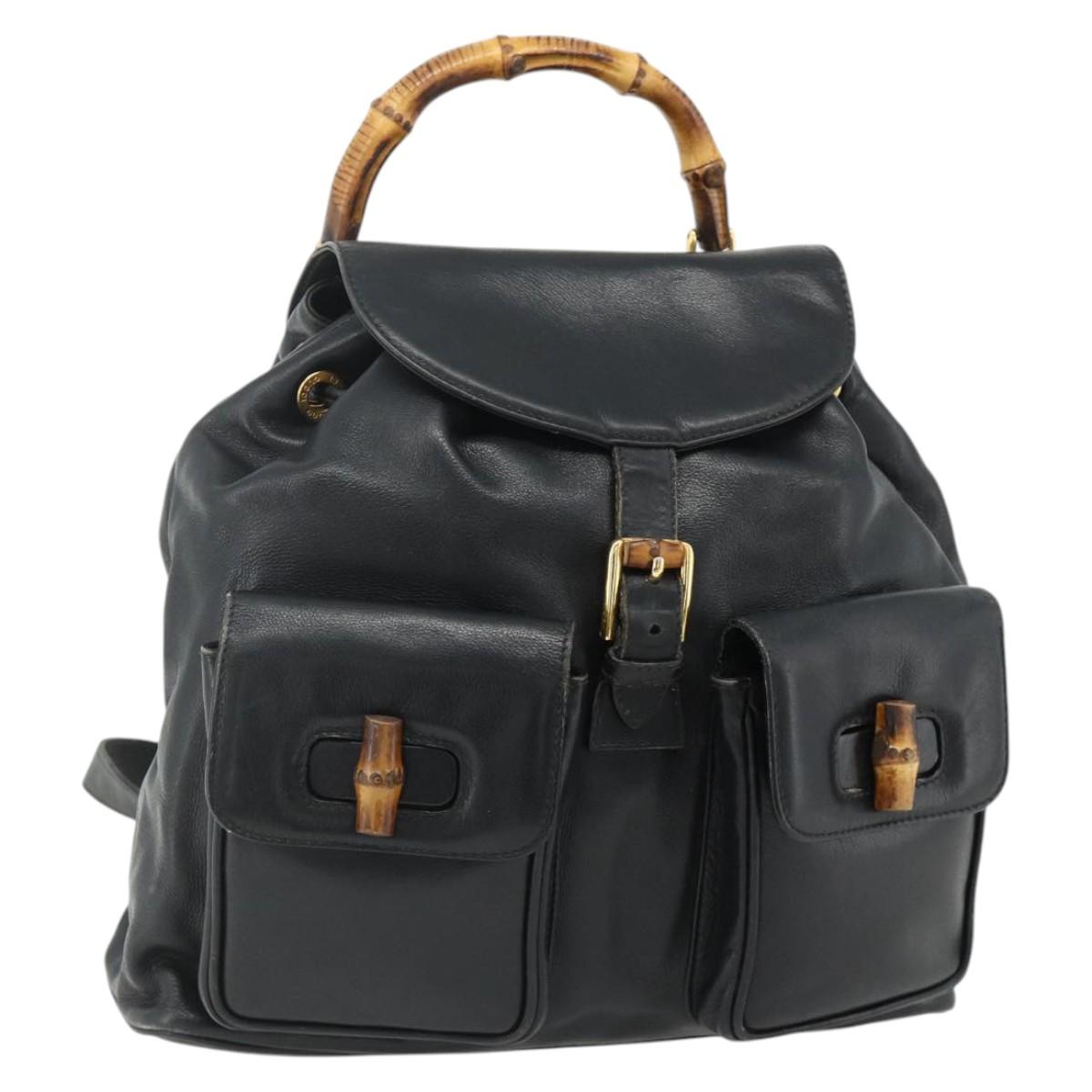 GUCCI Bamboo Backpack Leather Black Gold 003 1998 0016 Auth 176041