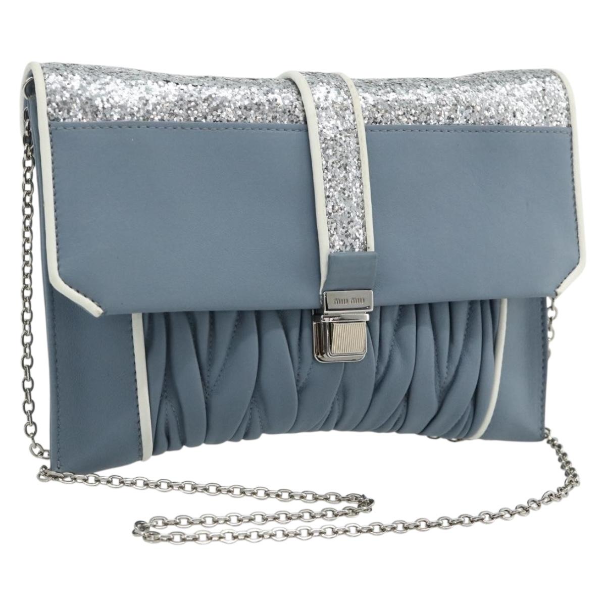 Miu Miu Matelasse Chain Shoulder Bag Leather Light Blue Silver Auth 176054