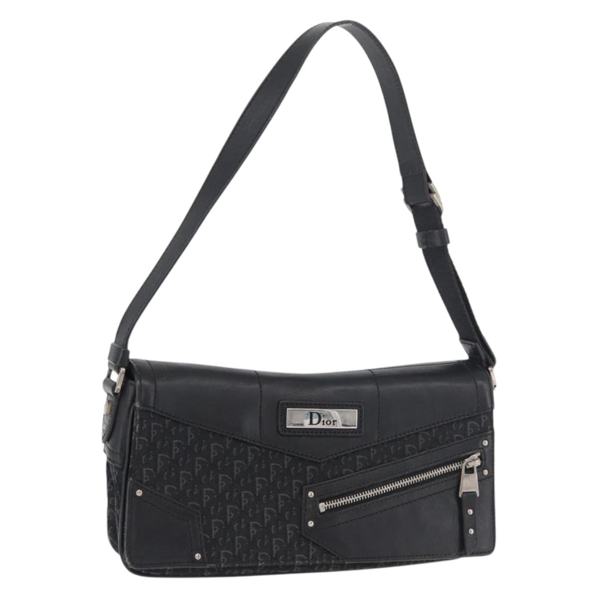 Christian Dior Trotter Canvas Shoulder Bag Black Silver Auth 176057A