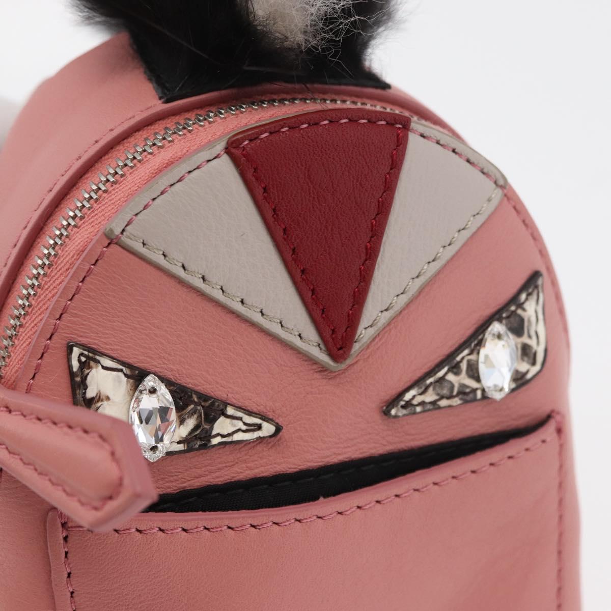 FENDI Monster Eyes Bag Charm Leather Pink Silver Auth 176072A