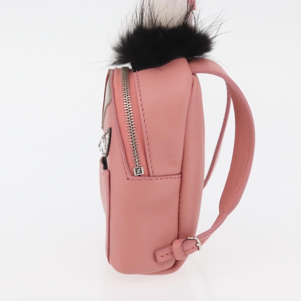 FENDI Monster Eyes Bag Charm Leather Pink Silver Auth 176072A