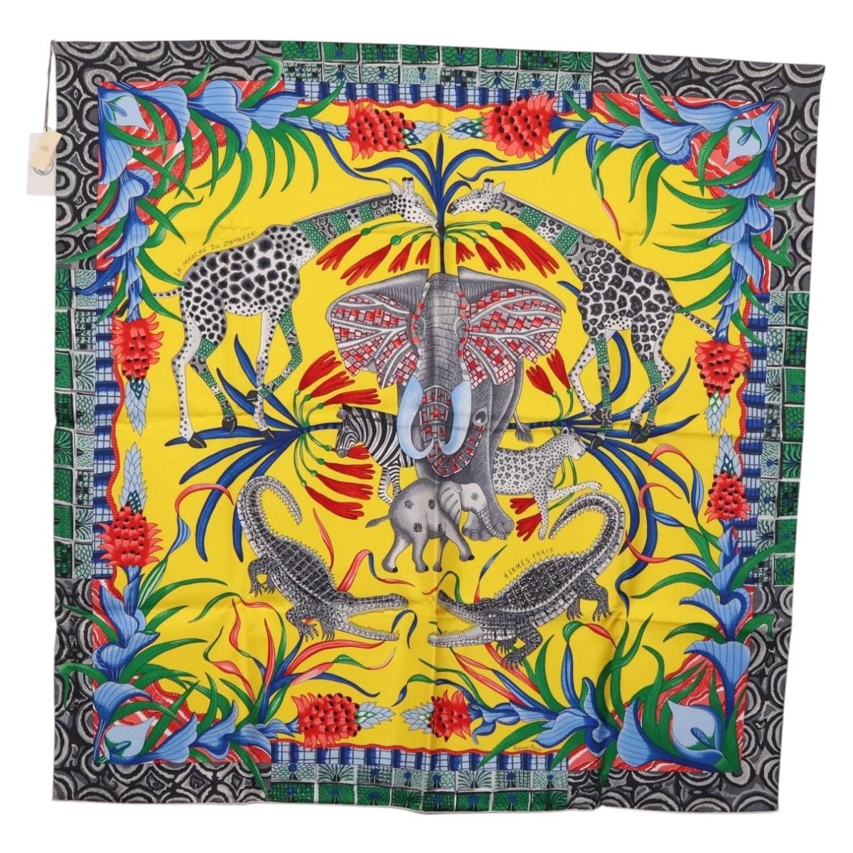 HERMES Carre 90 Scarf ""LA MARCHE DU ZAMBEZE"" Silk Multicolor Auth 176082V