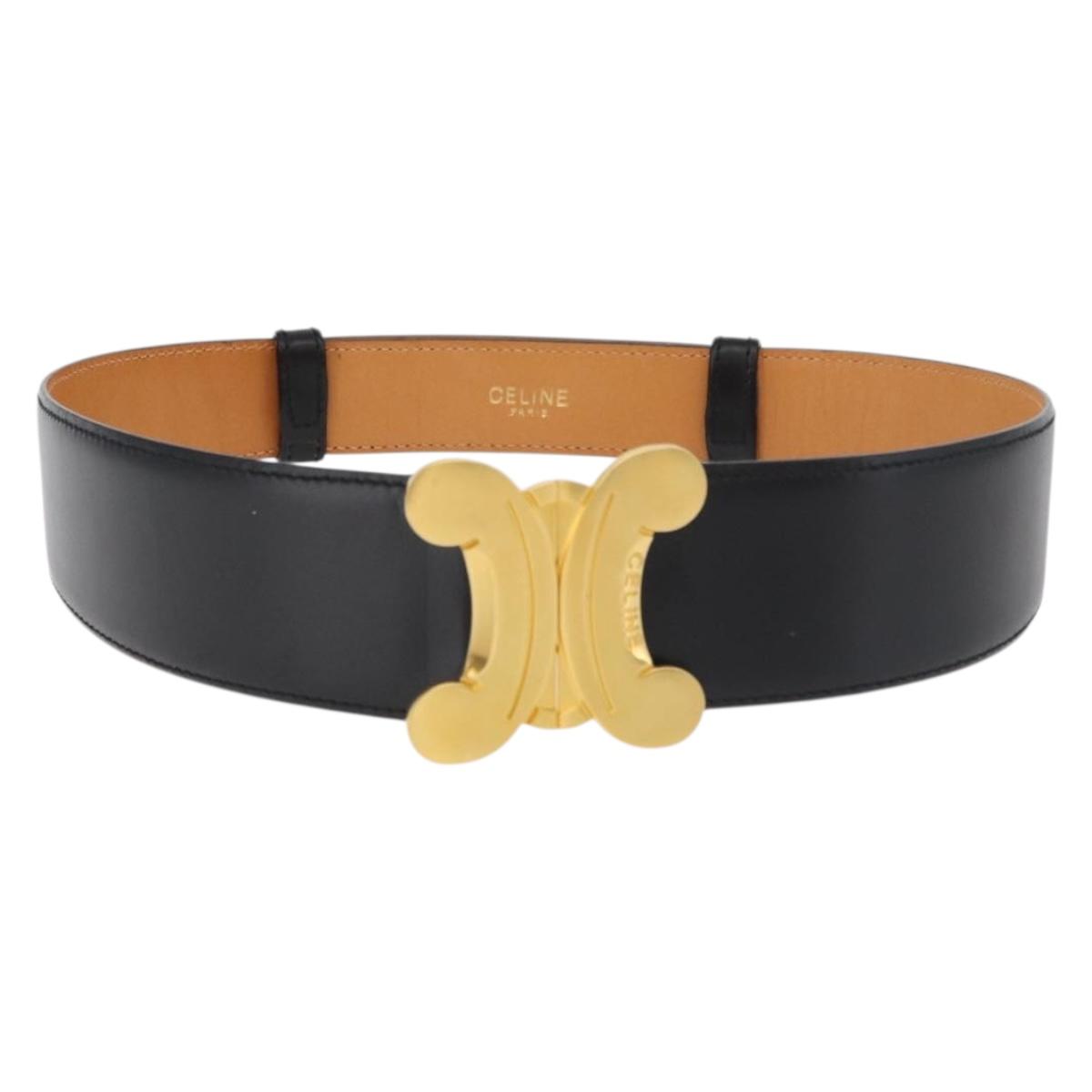 CELINE Triomphe Waist Belt Leather 25.6"" Black Gold Auth 176087A