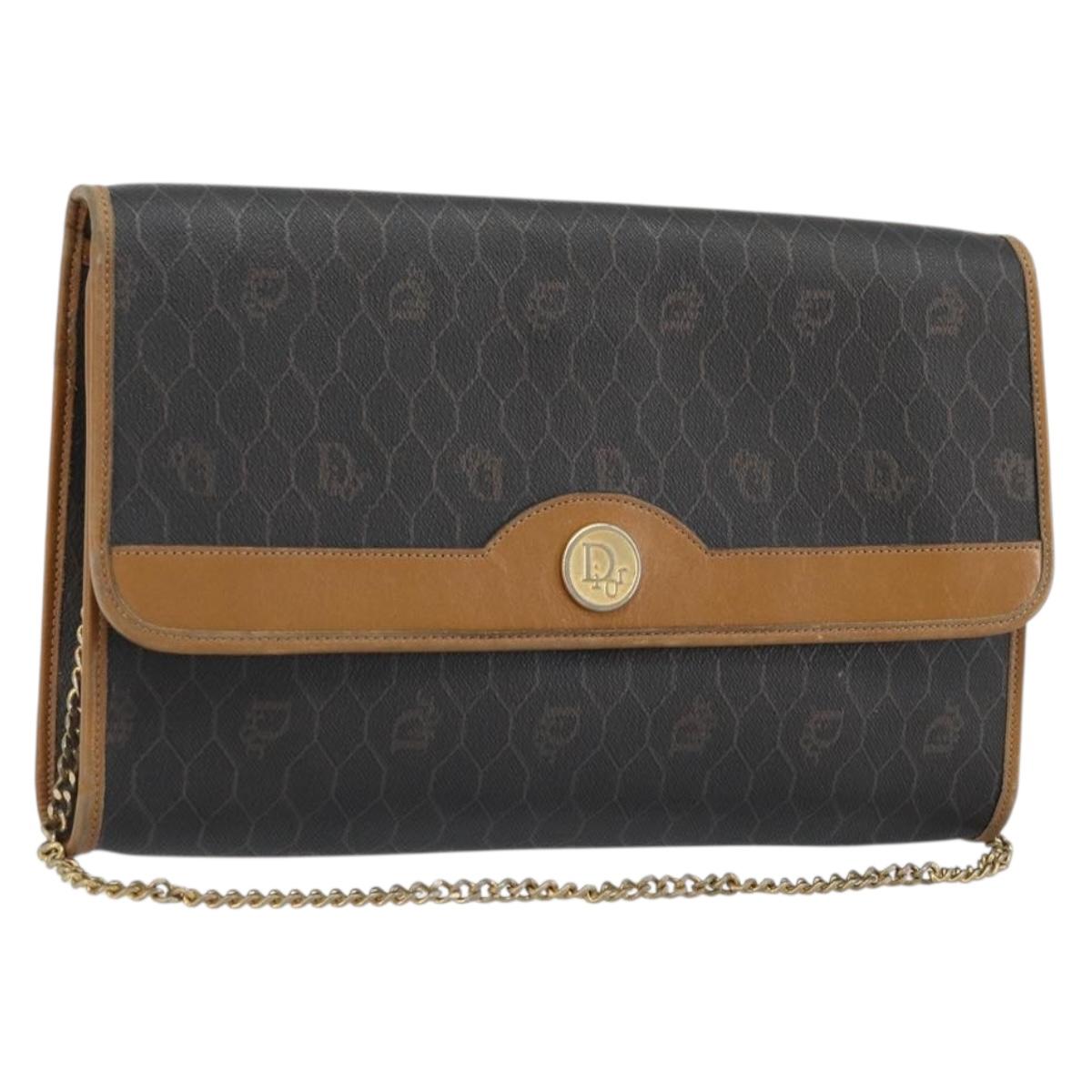 Christian Dior Honeycomb Canvas Chain Shoulder Bag PVC Black Gold Auth 176131