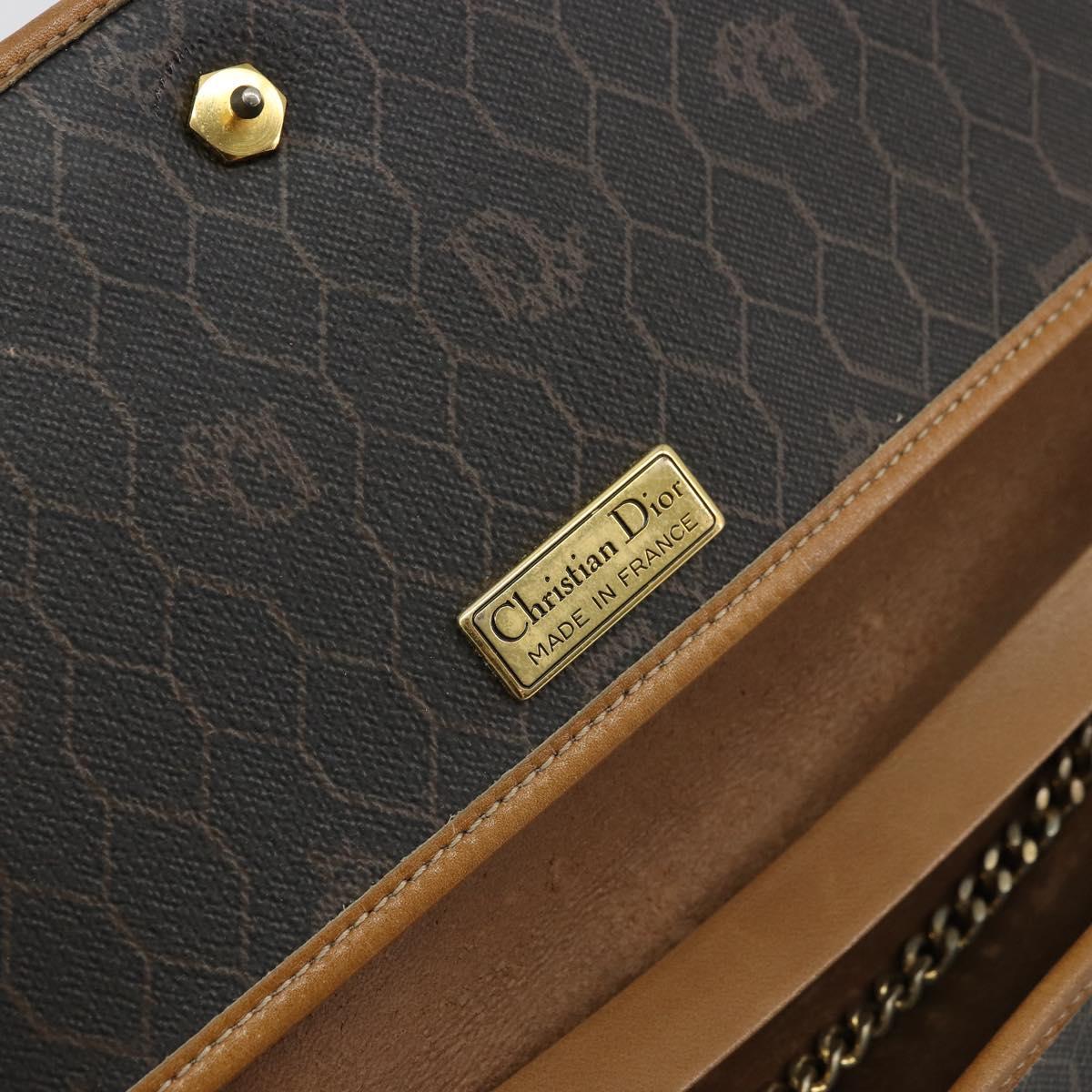 Christian Dior Honeycomb Canvas Chain Shoulder Bag PVC Black Gold Auth 176131