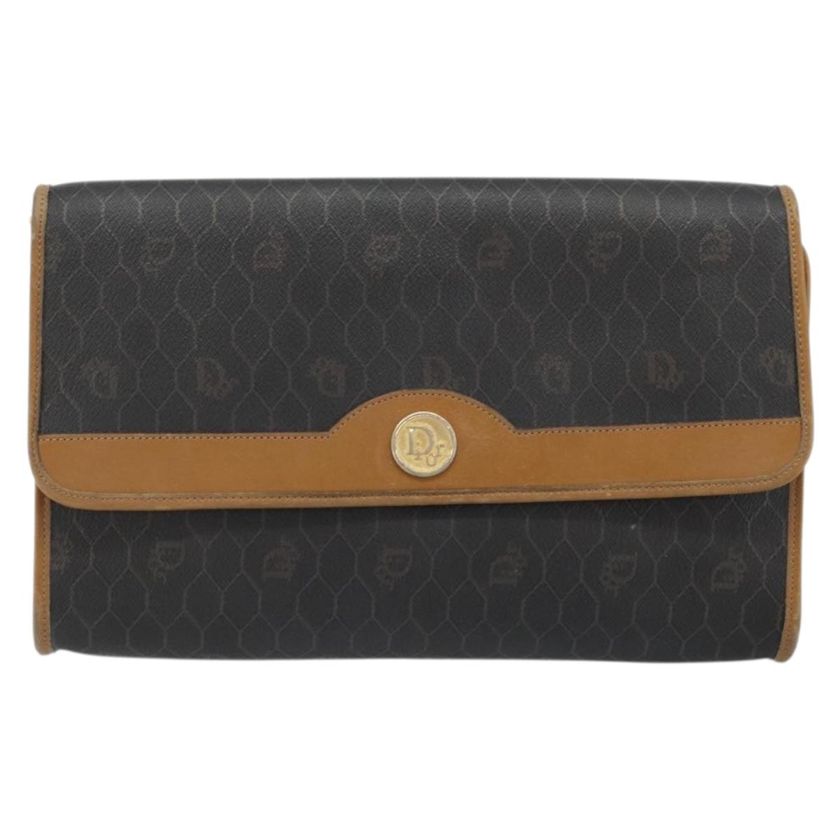 Christian Dior Honeycomb Canvas Chain Shoulder Bag PVC Black Gold Auth 176131