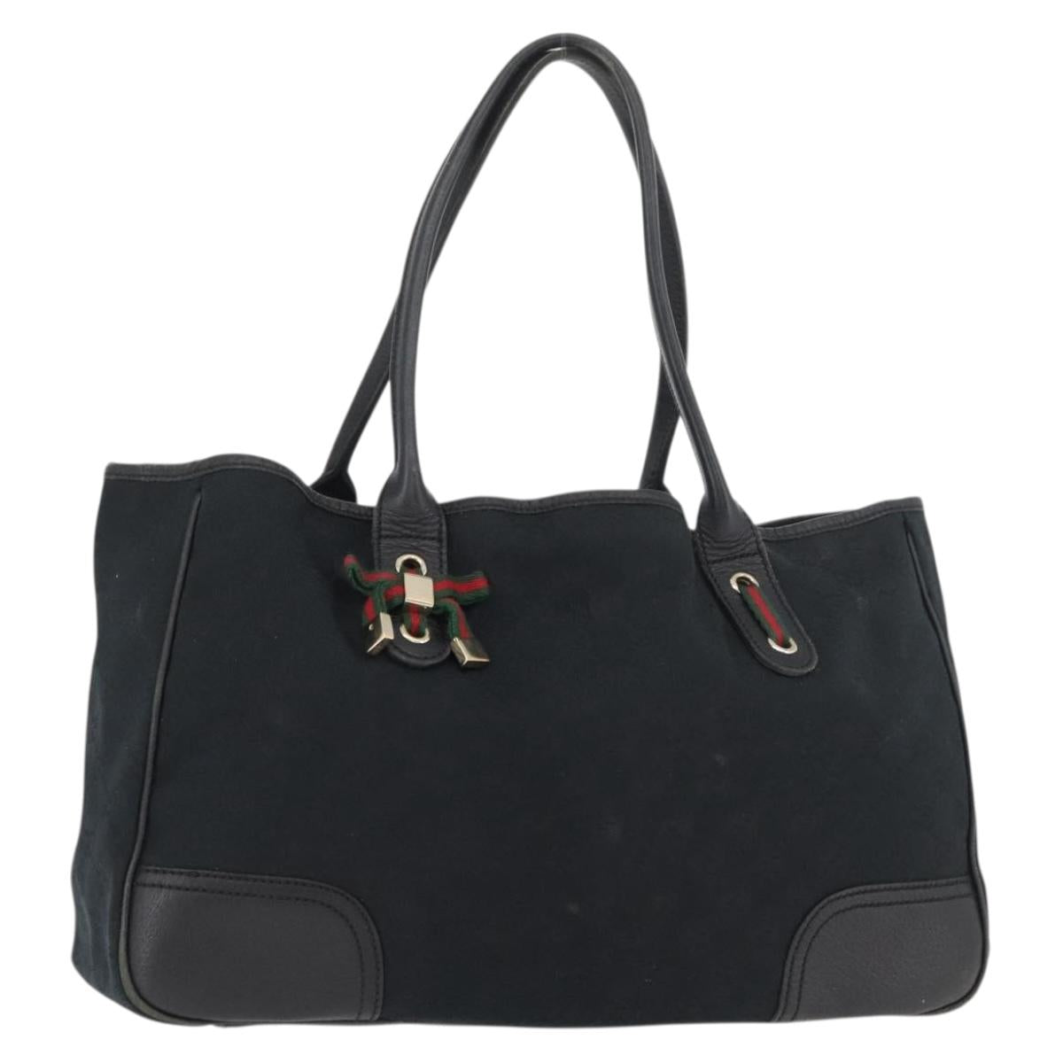 GUCCI GG Canvas Web Sherry Line Pretty Tote Bag Black Gold 163805 Auth 176182