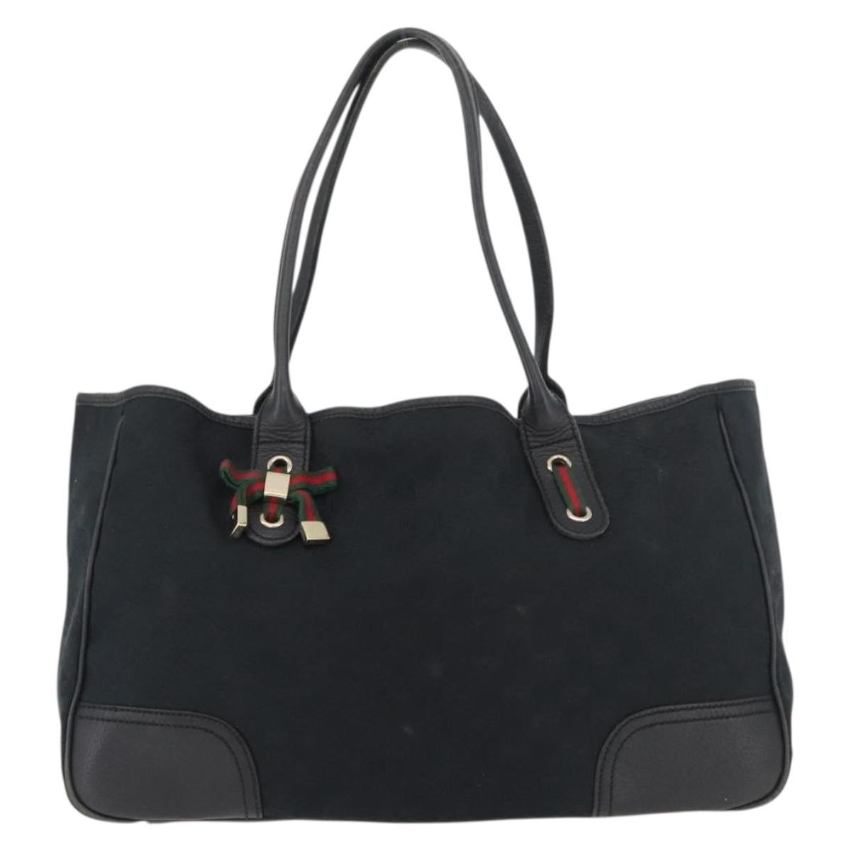 GUCCI GG Canvas Web Sherry Line Pretty Tote Bag Black Gold 163805 Auth 176182