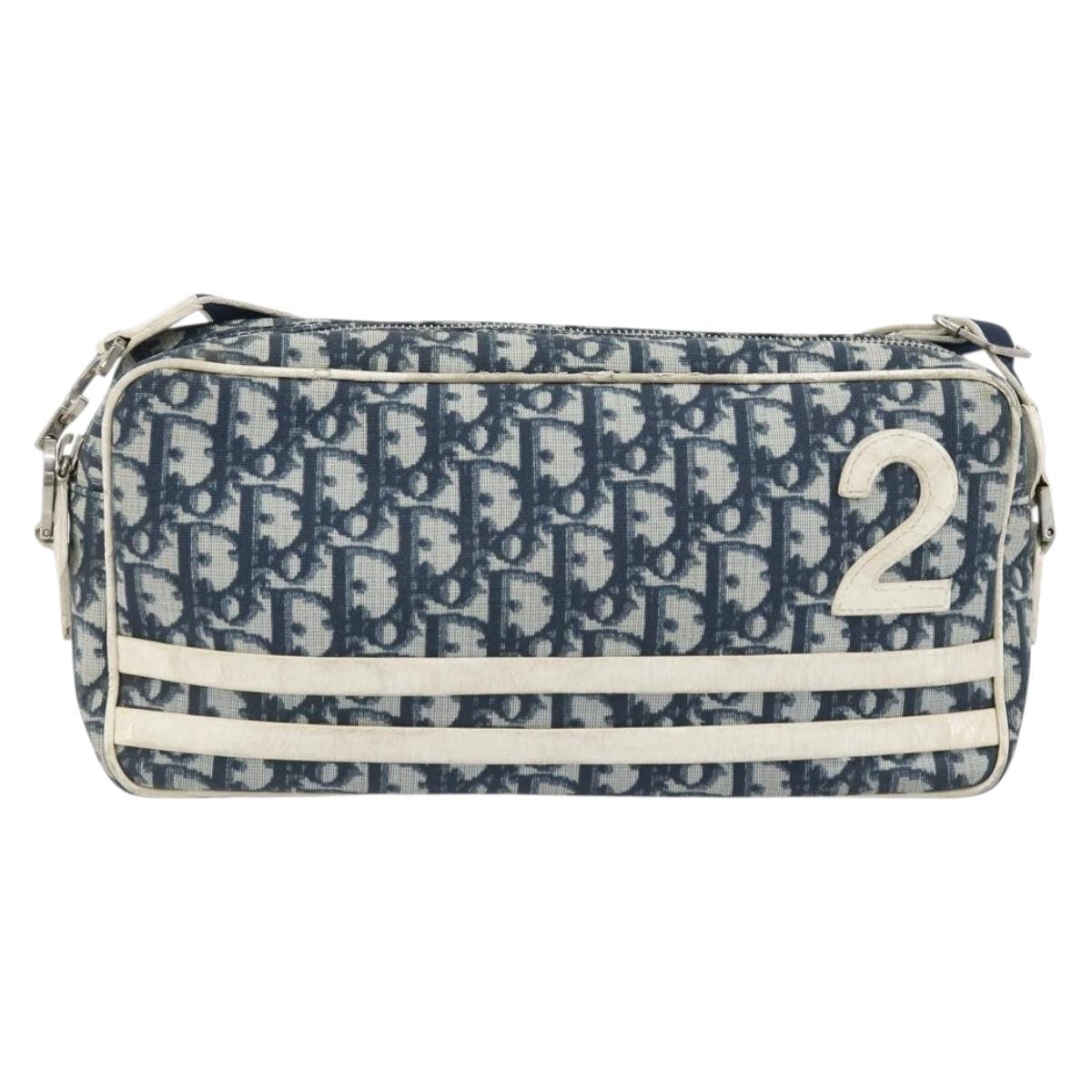 Christian Dior Trotter Canvas Shoulder Bag PVC Navy Silver Auth 176185
