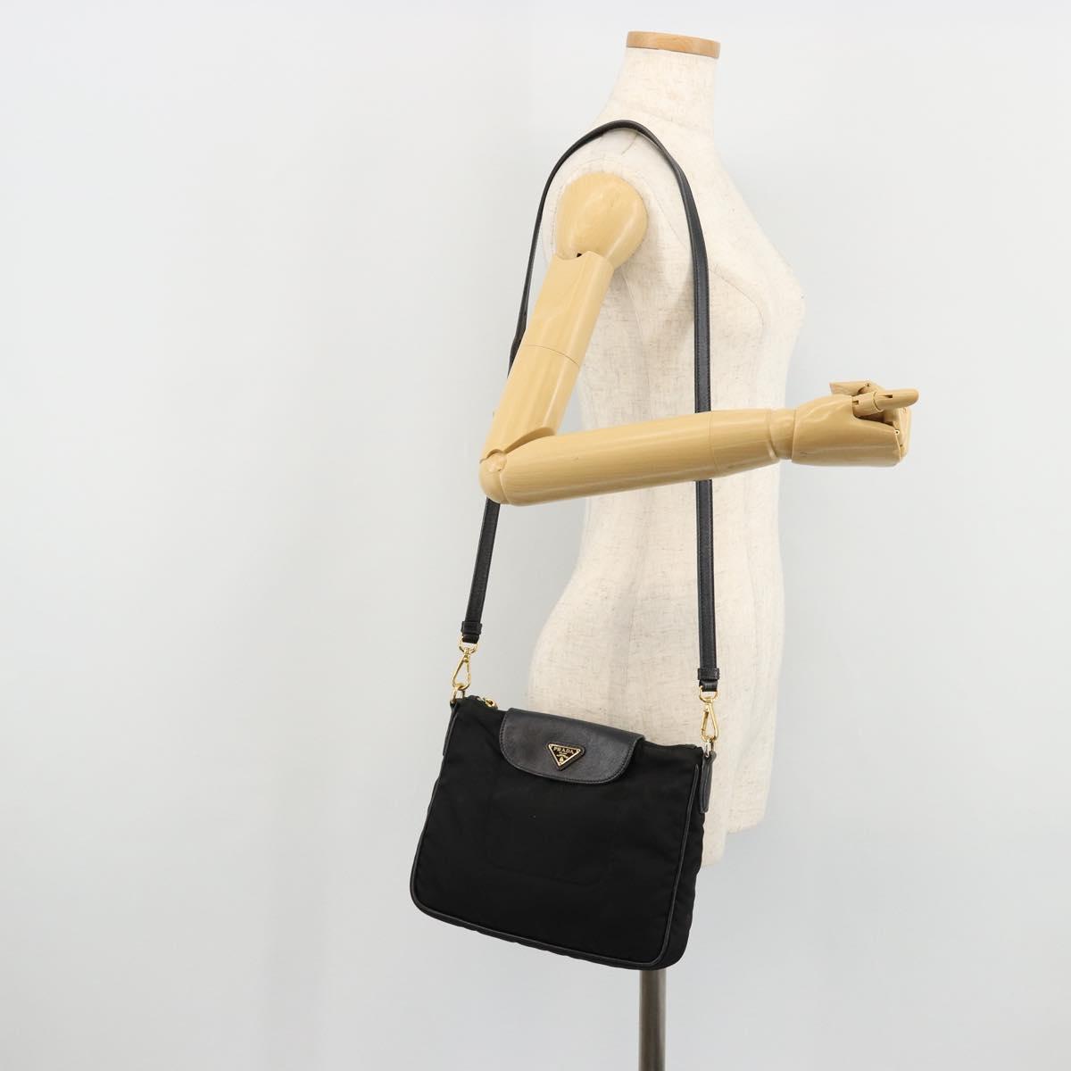 PRADA Shoulder Bag Nylon Black Gold Auth 176186A