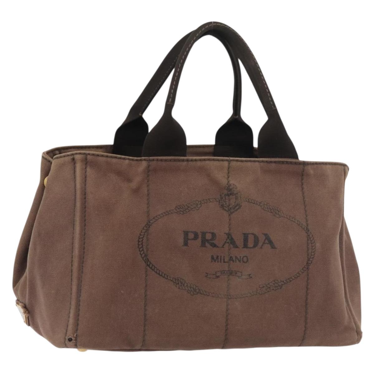 PRADA Canapa MM Hand Bag Canvas Brown Gold Auth 176198