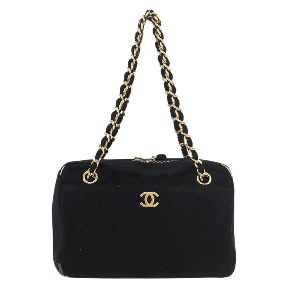 CHANEL V Stitch Chain Hand Bag Cotton Black Gold CC Auth 176202