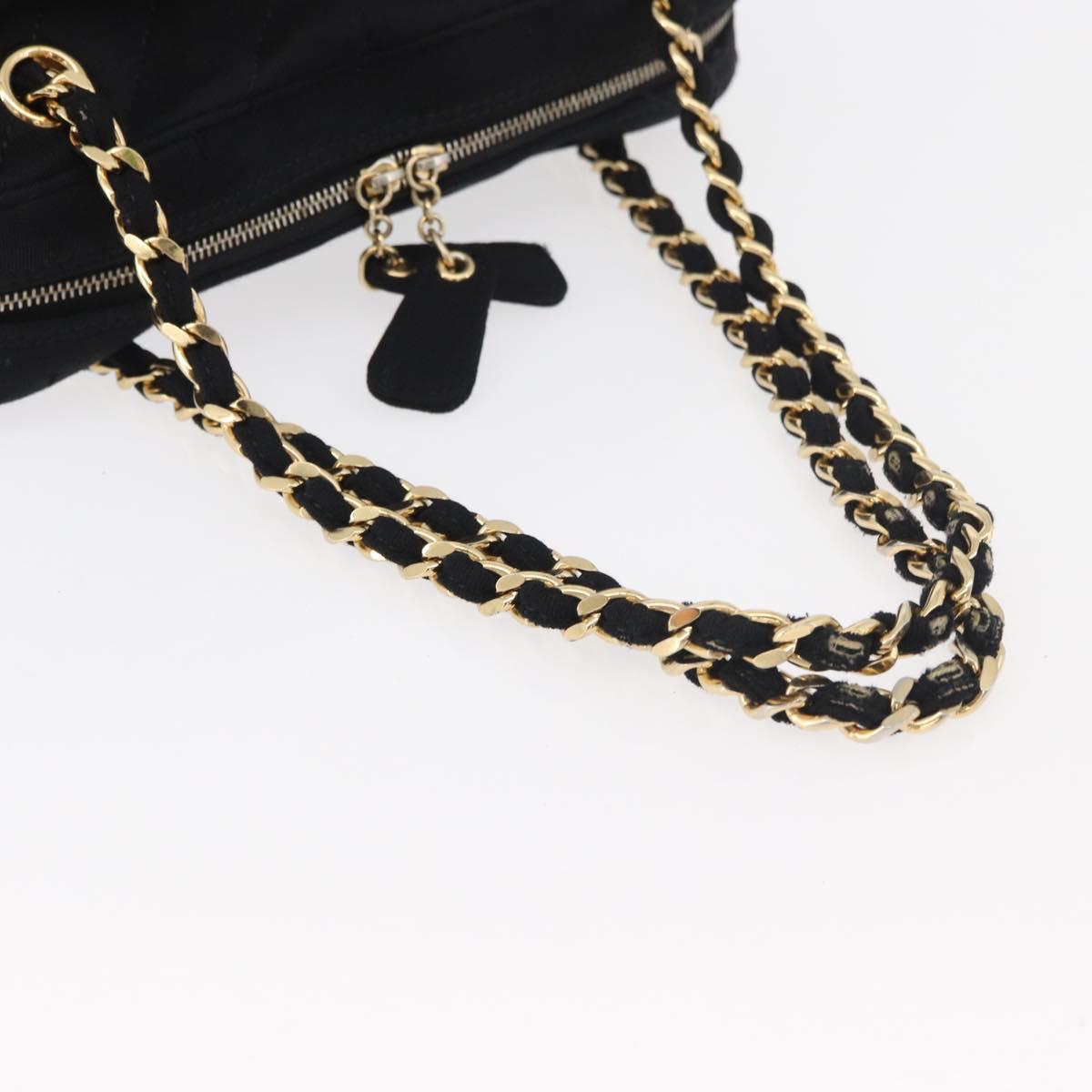 CHANEL V Stitch Chain Hand Bag Cotton Black Gold CC Auth 176202