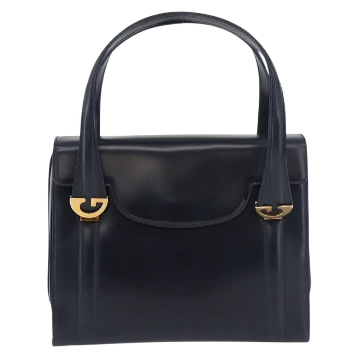 GUCCI Hand Bag Leather Navy Gold Auth 176213