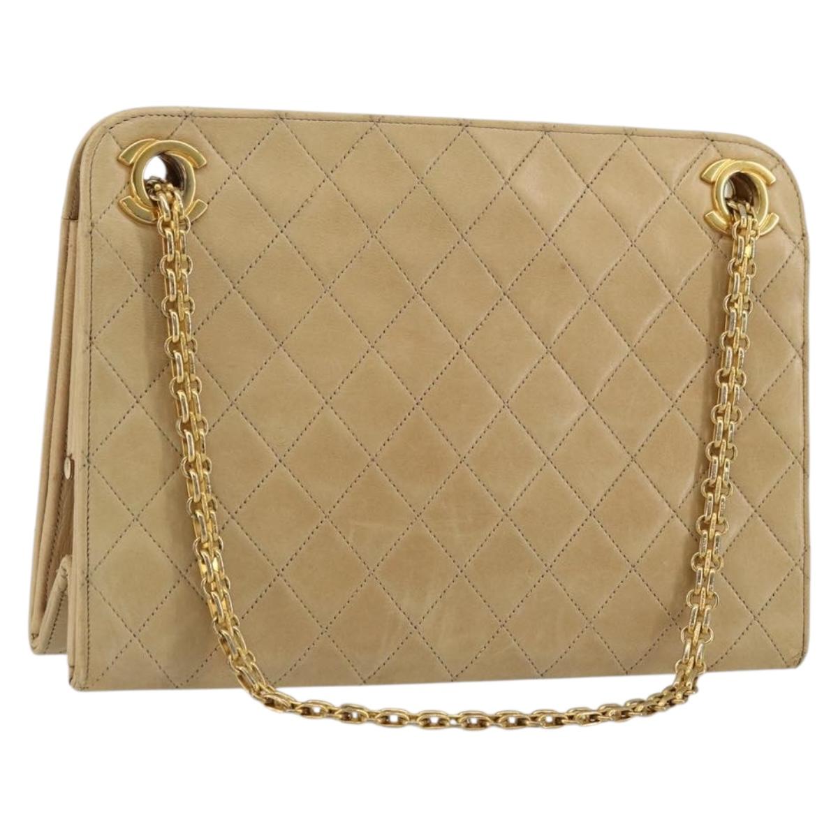 CHANEL Matelasse Chain Shoulder Bag Lamb Skin Beige Gold CC Auth 176218