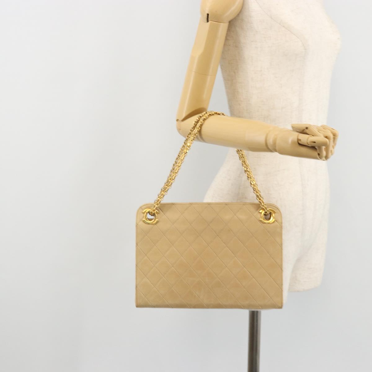 CHANEL Matelasse Chain Shoulder Bag Lamb Skin Beige Gold CC Auth 176218