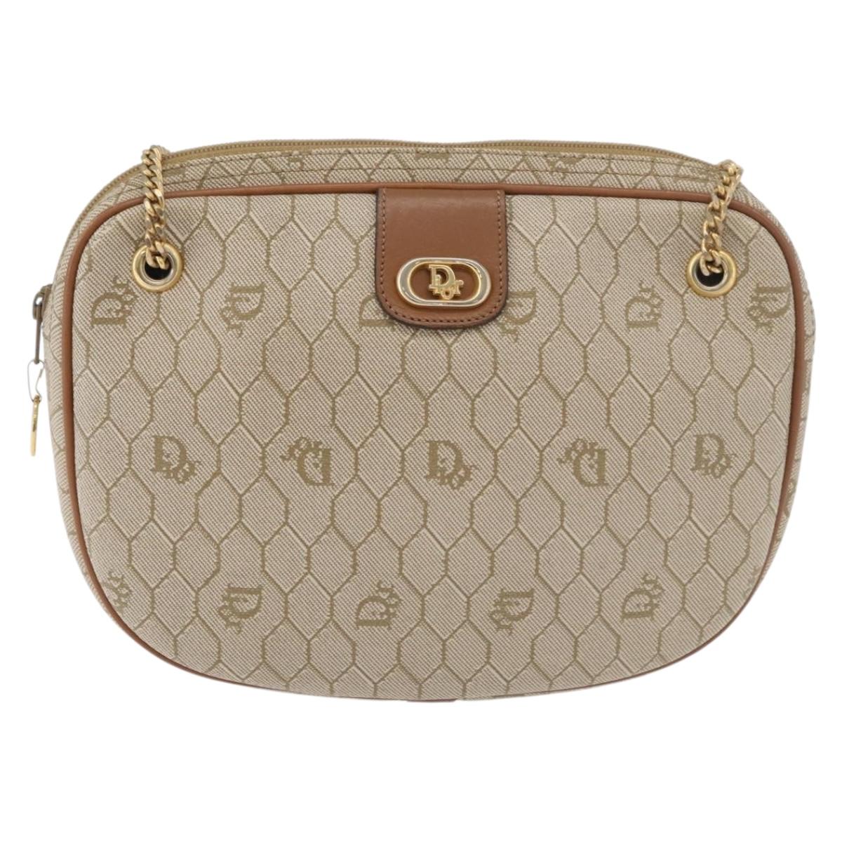 Christian Dior Honeycomb Canvas Chain Shoulder Bag PVC Beige Gold Auth 176223A