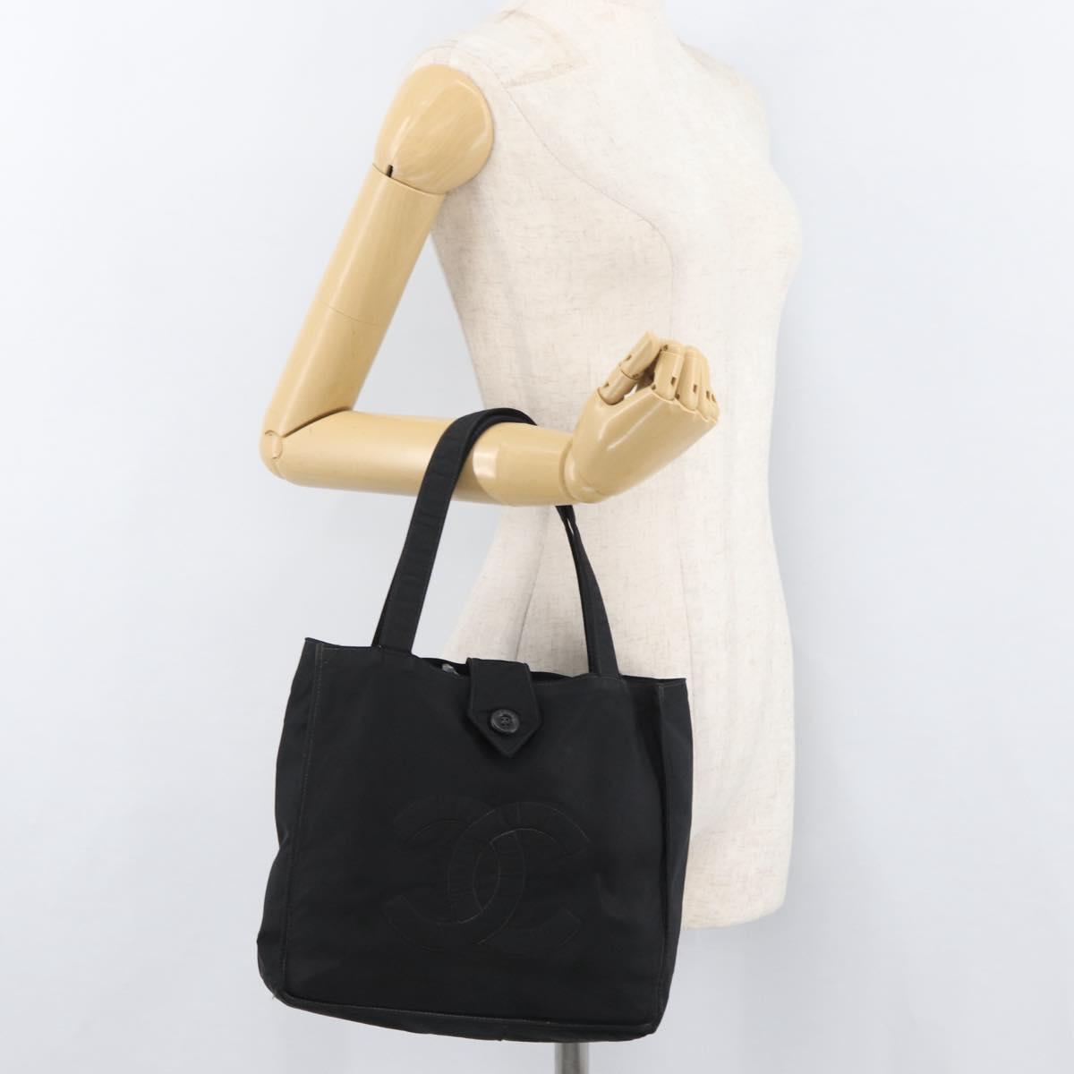 CHANEL Hand Bag Nylon Black Silver CC Auth 176247