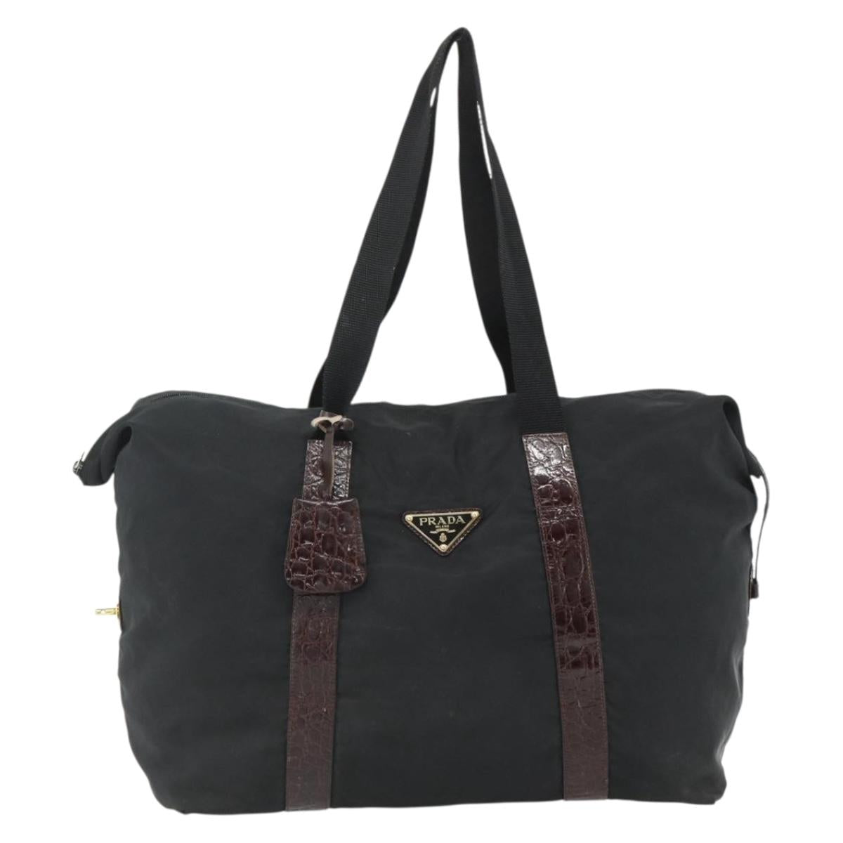 PRADA Boston Bag Nylon Black Gold Auth 176251