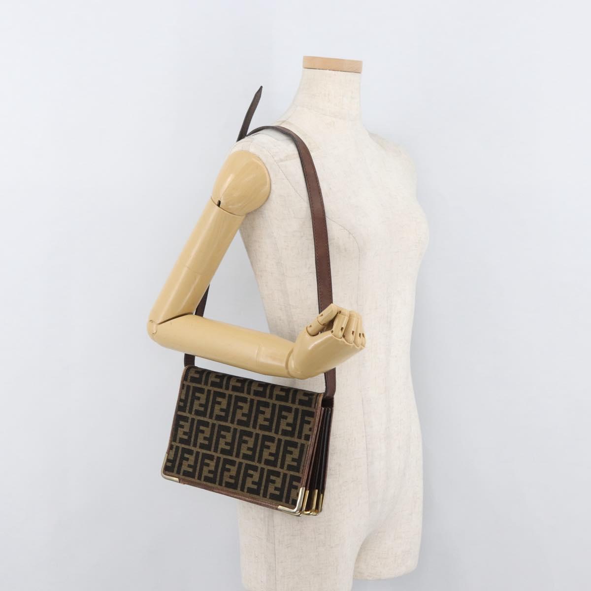 FENDI Zucca Canvas Shoulder Bag Black Brown Auth 176273