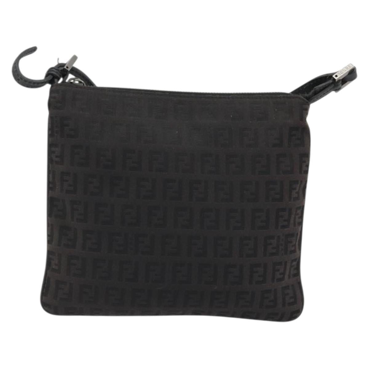 FENDI Zucchino Canvas Shoulder Bag Silver Black Auth 176275