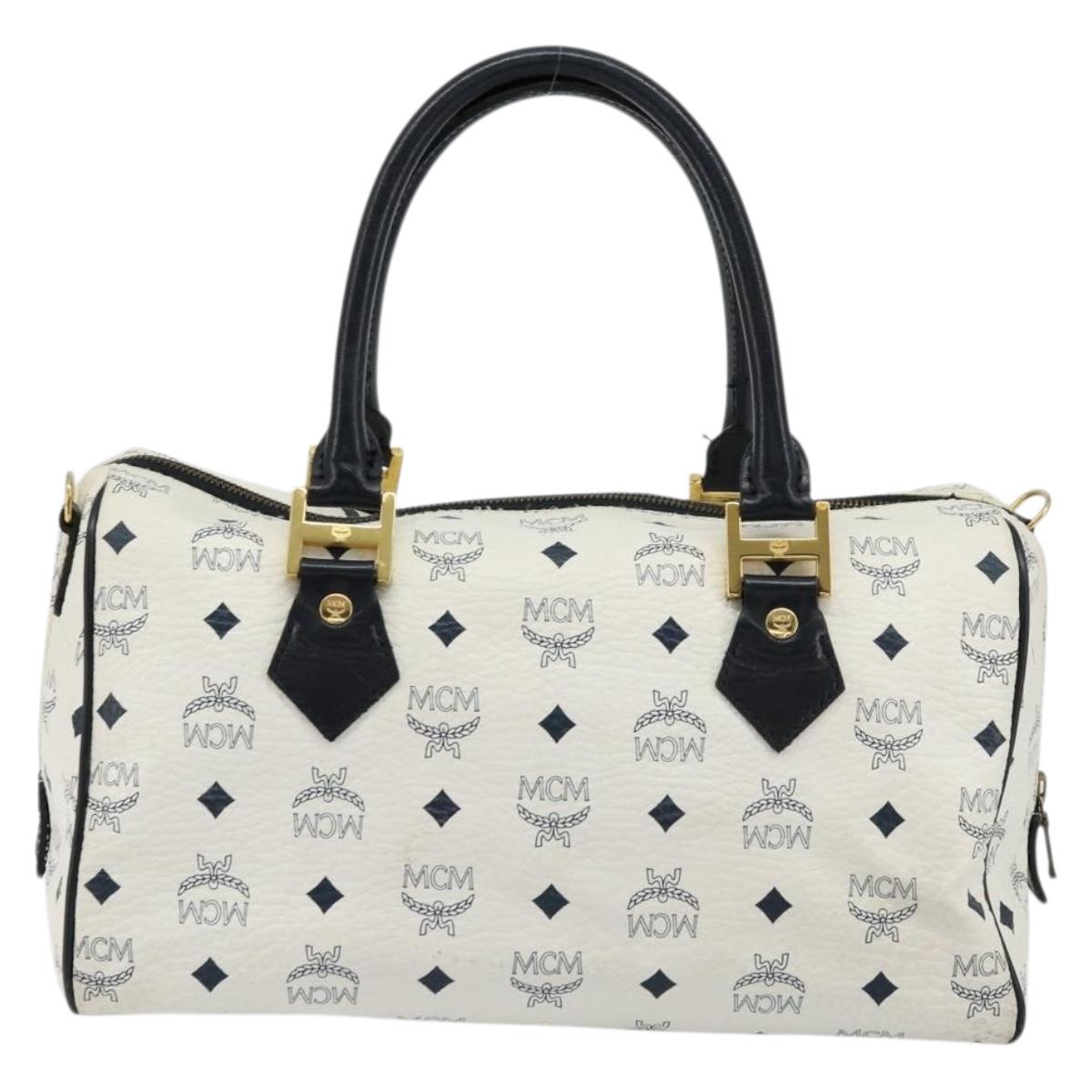 MCM Vicetos Logogram Hand Bag PVC Leather White Gold Auth 176296