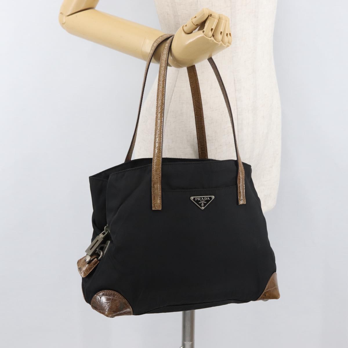 PRADA Tote Bag Nylon Black Silver Auth 176297