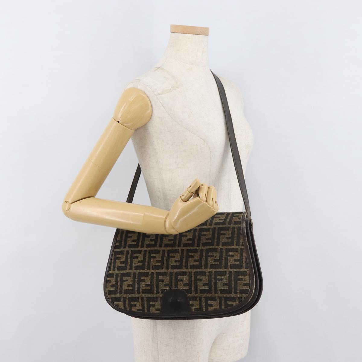 FENDI Zucca Canvas Shoulder Bag Black Brown Auth 176299