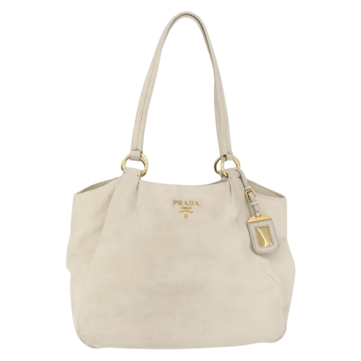 PRADA Tote Bag Leather Ivory Gold Auth 176345