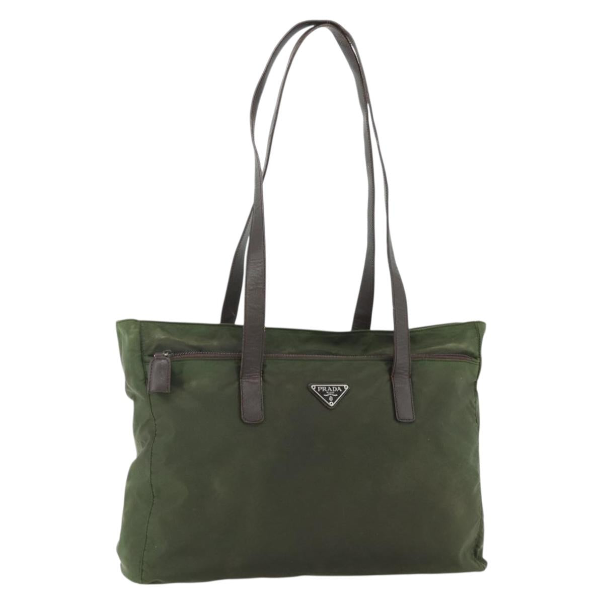 PRADA Tote Bag Nylon Khaki Silver Auth 176359