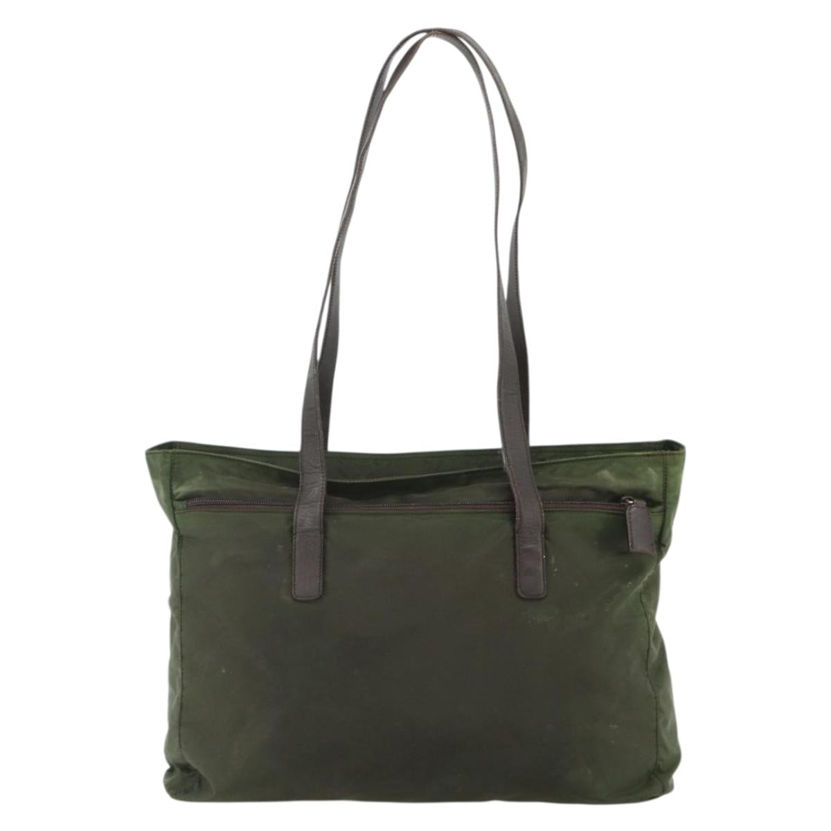 PRADA Tote Bag Nylon Khaki Silver Auth 176359