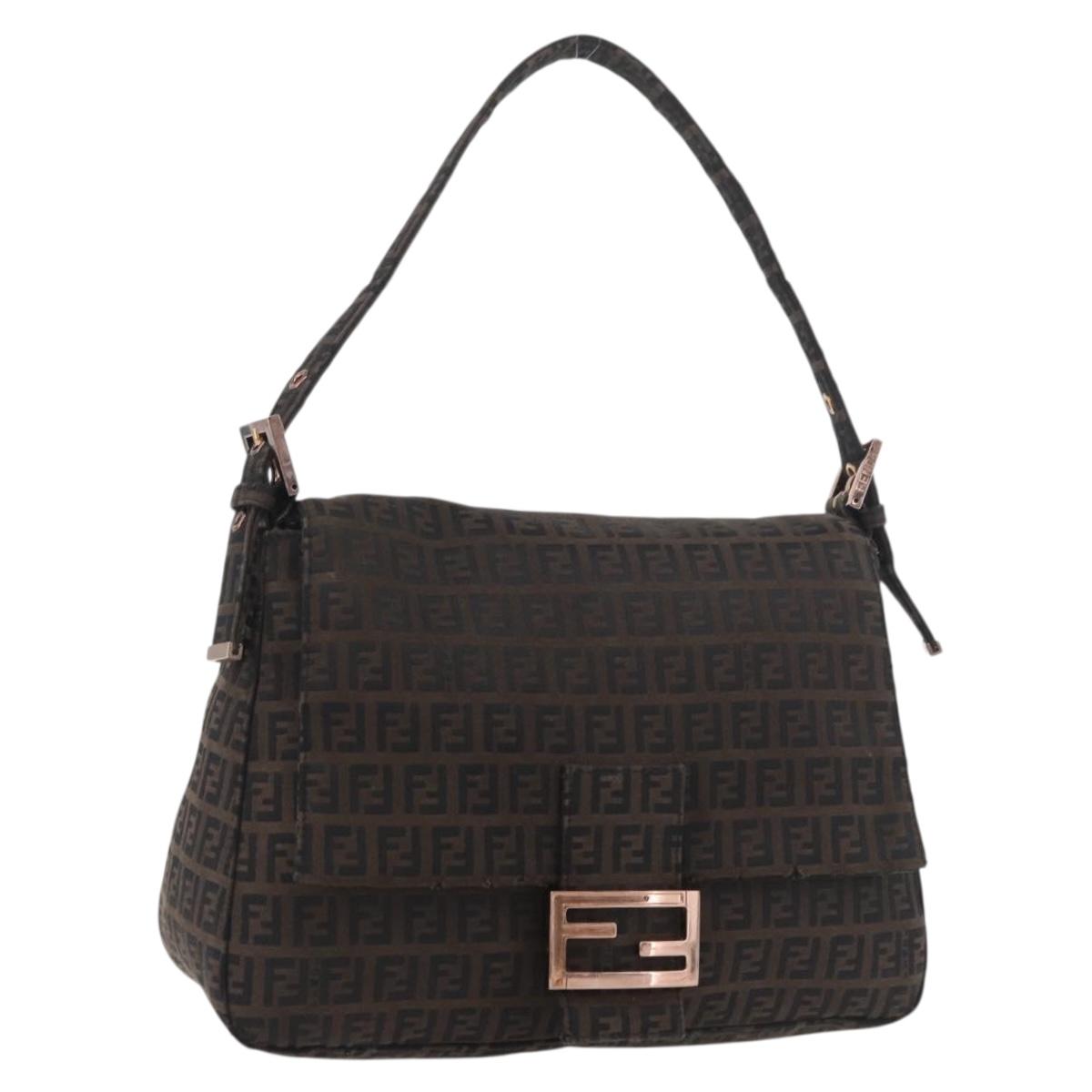 FENDI Zucchino Canvas Mamma Baguette Shoulder Bag Brown Black Auth 176363A