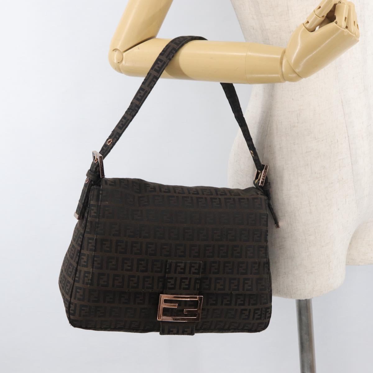 FENDI Zucchino Canvas Mamma Baguette Shoulder Bag Brown Black Auth 176363A